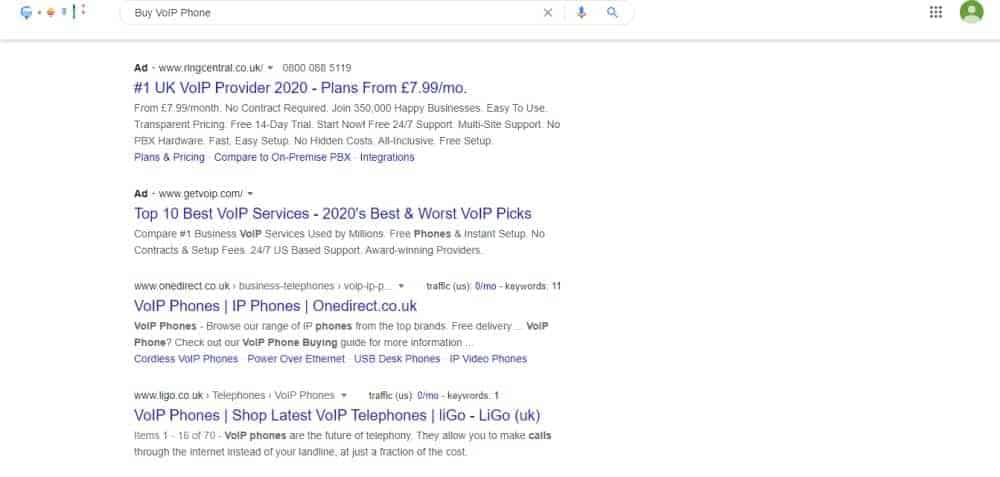 Example of transactional search intent keywords for a SaaS business.