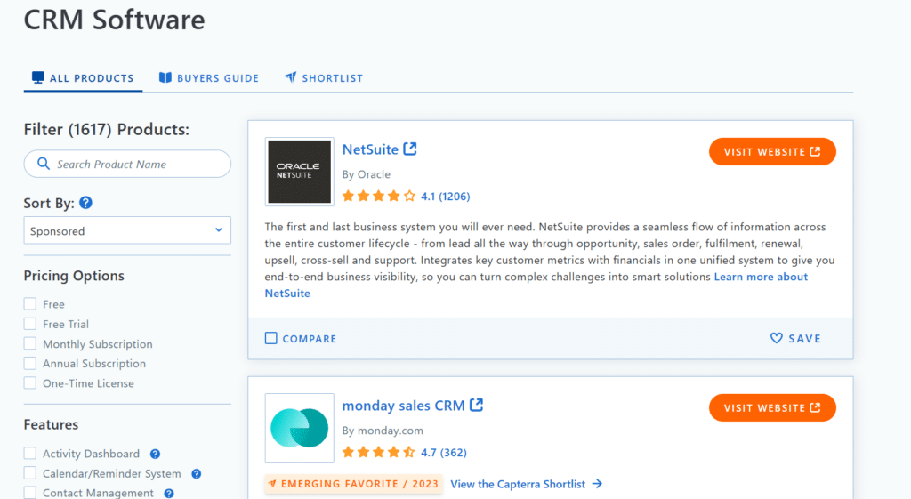 Example of CRM software reviews on Capterra