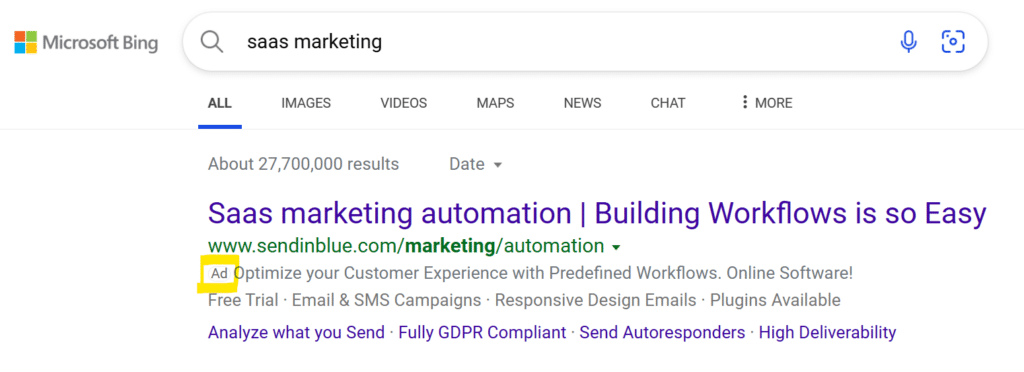 An example of a PPC ad appearing at the top of a SERP
