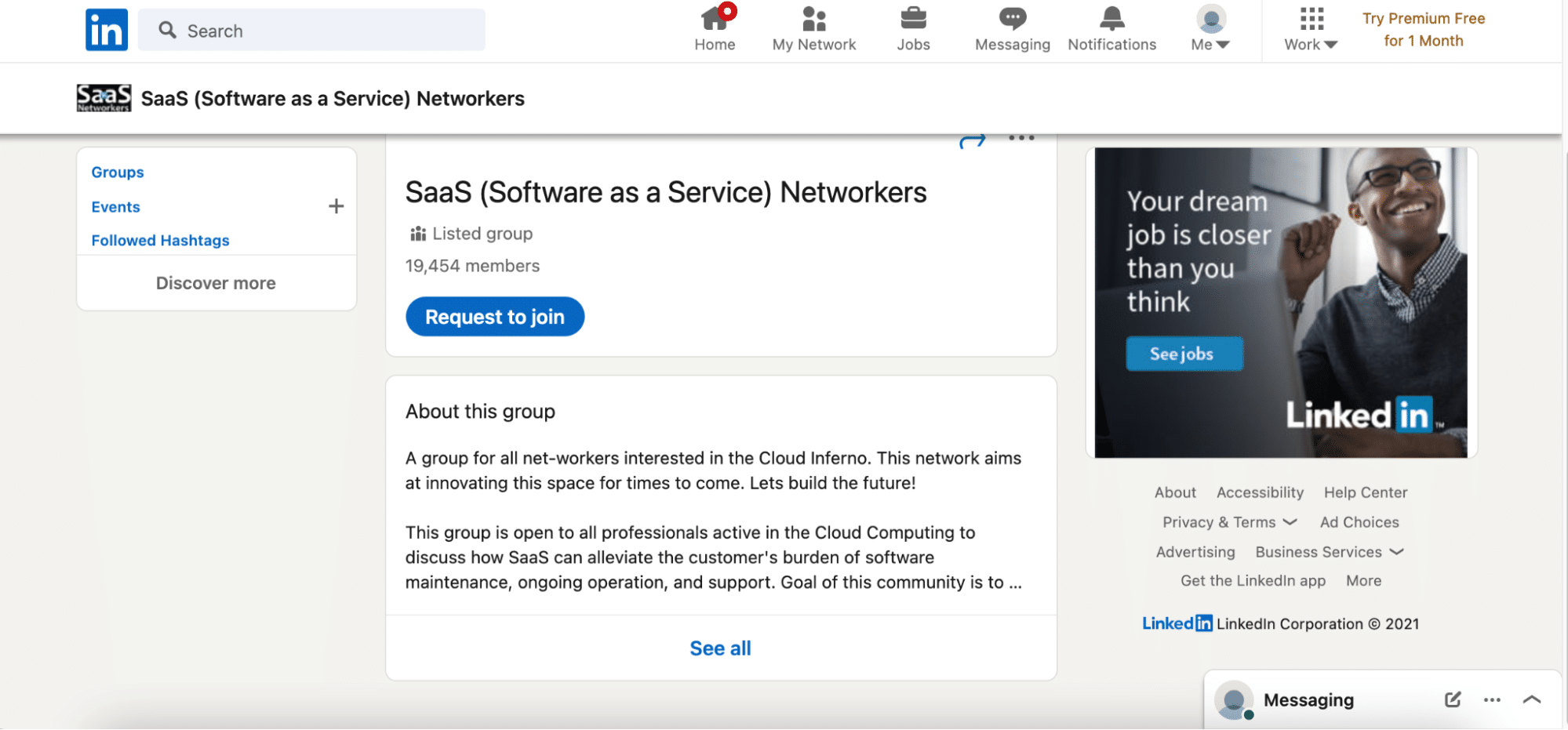 screenshot of LinkedIn's page for SaaS Networkers