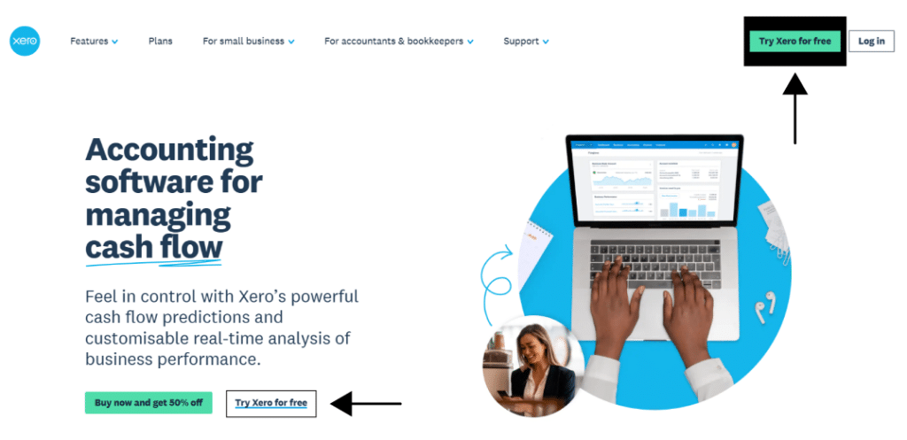 Xero encourages visitors to “Try Xero for free” twice on their homepage